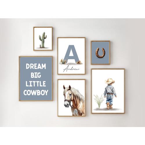 Western Cowboy Nursery Wall Art Set, Digital Download Boy Room Prints, Rustic Farmhouse Cowboy Decor + Personalized Letter Name Print, H3295
