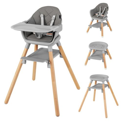 Infans 6 In 1 Convertible Wooden Baby Highchair, Removable Double Tray & Reversible Footrest, Safety Harness For Infant Boys Girls, Dark Gray