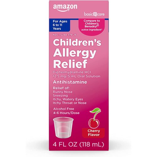 Amazon Basic Care Children's Allergy Relief Oral Solution, Diphenhydramine HCl Antihistamine, Cherry Flavor, 4 fl oz (Pack of 1)