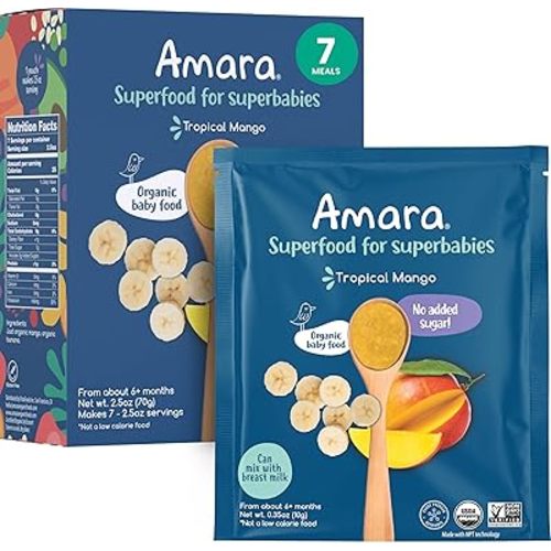 Amara Organic Baby Food - Stage 2 - Tropical Mango - Baby Cereal to Mix With Breastmilk, Water or Baby Formula - Shelf Stable Baby Food Pouches Made from Organic Fruit - 7 Pouches, 3.5oz Per Serving
