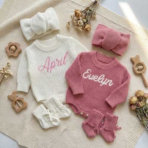Custom Baby Romper Set with Embroidered Name | Personalized Newborn Coming Home Outfit | Four Piece Gender neutral Gift Set