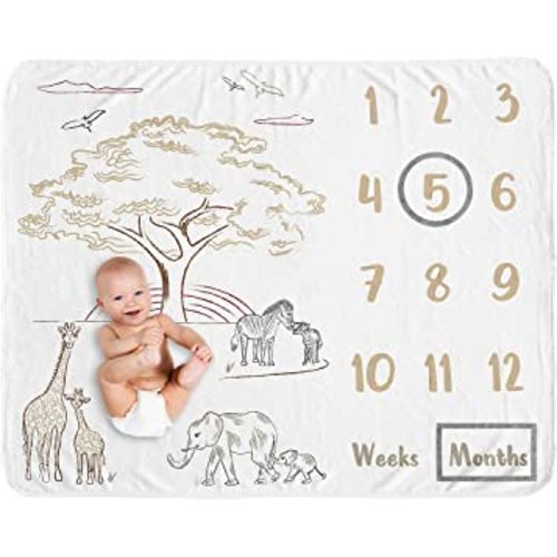 Sweet Jojo Designs Jungle Safari Animals Boy Girl Milestone Blanket Monthly Newborn First Year Growth Mat Baby Shower Memory Gift Picture Taupe Black White Gender Neutral Elephant Wildlife Adventure
