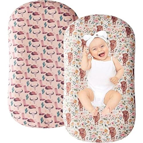 Little Jump 2 Pack Baby Lounger Cover, Stretchy and Soft Newborn Lounger Cover, Infant Lounger Slipcover for Boys Girls, Covers Only Cowgirl Boots hat Highland Cows Floral (2 Pack Cowgirl)