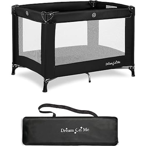 Dream On Me Nest Portable Playard in Black with Carrybag an Shoulder Strap, Lightweight, Packable and Easy Setup Baby Playard, Breathable Mesh Sides and Soft Fabric - Comes with a Removable Padded Mat