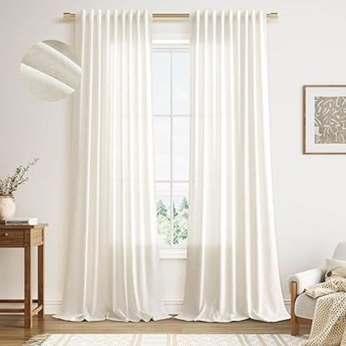 Linen Curtains 96 Inches Long for Living Room 2 Panels Back Tab Modern Farmhouse Light Filtering 8ft Ceiling to Floor Privacy Boho Drapes for Bedroom Dining Ivory Cream W52 x L96