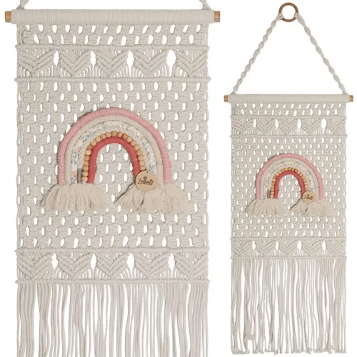 ZELLOVY Premium Macrame Rainbow Wall Hanging l Luxe Boho Rainbow Decor l Handmade Wall Art Decor for Baby Girls Nursery Bedroom Playroom Baby Room Decor, Colorful Bow Holder Organiser, Baby Gift (Pink 30”x15”)