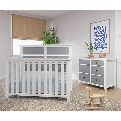 Child Craft Ocean Grove Crib and Dresser Nursery Set, 2-Piece, Includes 4-in-1 Convertible Crib and 6-Drawer Dresser, Grows with Your Baby (White/Gray)