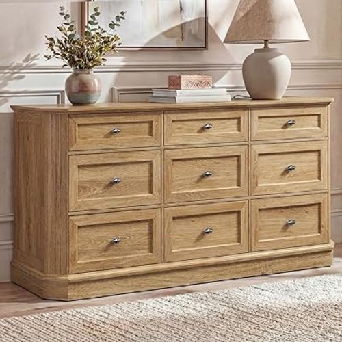 Farmhouse 9 Drawers Dresser for Bedroom, 63" Wide Chest of Drawers with Charging Station & Vintage Beveled Design, Wooden Long Dresser TV Stand, Wood Closet Clothes Storage Organizer for Living Room
