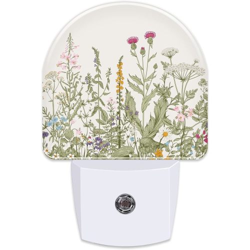 Herbs and Wild Flowers Night Light for Kids,Watercolor Green Botanical Floral Leaves Night Light Plug in with Dusk to Dawn Sensor,0.5w Energy Saving Nightlight for Hallway Stairway Kitchen Bedroom