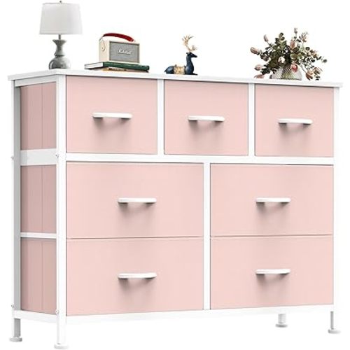 OLIXIS 7 Drawers Dresser for Bedroom, Fabric Storage Tower for Living Room, Entryway - Sturdy Steel Frame, Wooden Top and Easy Pull Fabric Bins, Closet Chests Organizer for Clothes,Pink