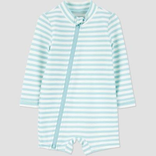 Carter's Just One You® Baby Boys' Long Sleeve One Piece Striped Unisuit - White/Green 9M: UPF 50+ Rash Guard, Full Zipper