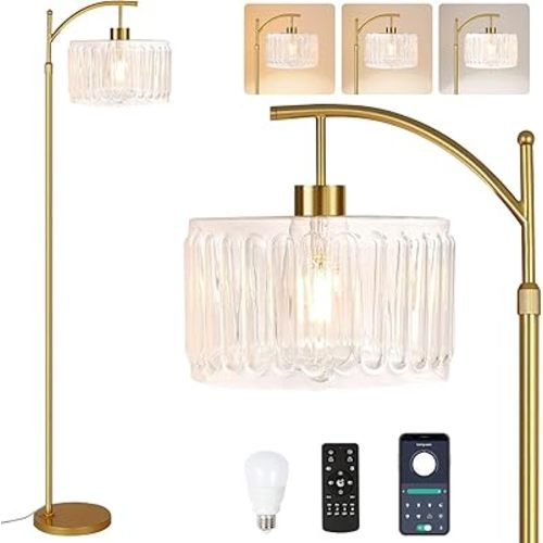 Glass Floor Lamp for Living Room,Bedroom,Gold Dimmable Standing Lamp with Remote,Brass White Tall Lamp Boho Mid Century Modern Floor Lamps Arc Floor Light Lamp Bohemian
