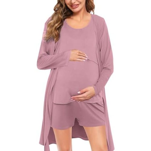 SWOMOG Maternity Nursing Robe Set 3 PCS Women Postpartum Pajamas Breastfeeding Labor Delivery Hospital Pregnancy Pjs