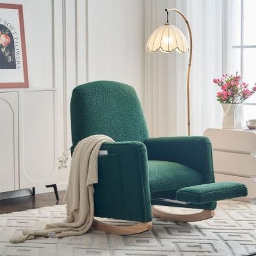 Green Nursery Rocking Chair,Breastfeeding Chair,Best Nursery Chair For Small Spaces,Teddy Fabric Rocking Chair With Leg Rest-Cuddlewood