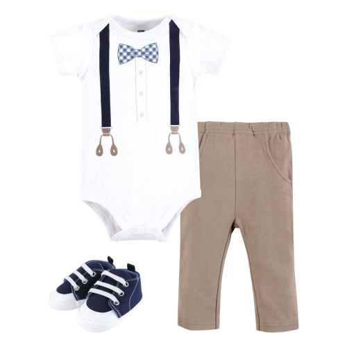 Hudson Baby Infant Boy Cotton Bodysuit, Pant and Shoe Set, Blue Gingham Bow Tie, 12-18 Months