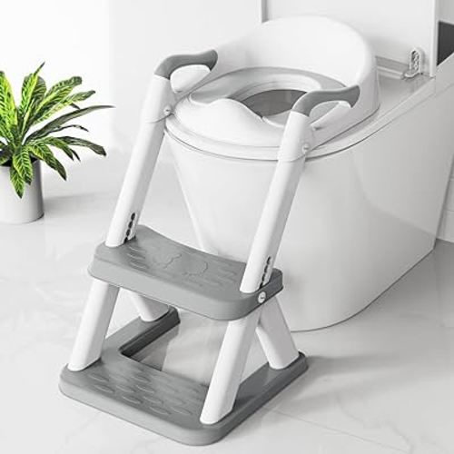 Potty seat for Toilet with Step Stool Ladder, SKYROKU New Triangular Stabilized Base Two in one Toddler Toilet Seat with Splash Guard, Anti-Slip Pad, Step Stool (Gray)