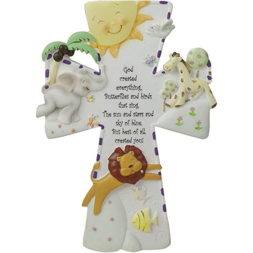God Created Everything 7 inch Resin Stone Decorative Hanging Wall Cross for Nursery