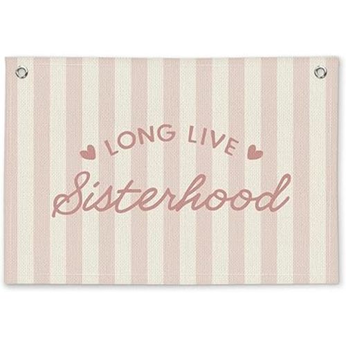 Preppy Long Live Sisterhood Pink Striped Girls Room Decor - Linen Banner Wall Hanging Canvas Banner Flag Decor for Girly Nursery Toddler Playroom Bedroom Dorm Apartment