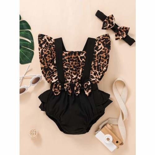 Baby Leopard Ruffle Trim Bow Front 2 In 1 Bodysuit With Headband: 1-3 Months