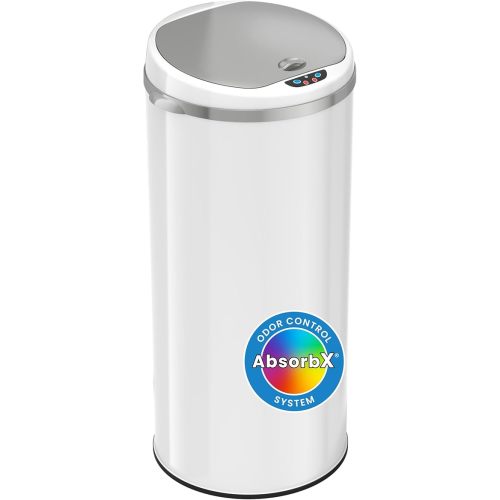 iTouchless 13 Gallon Trash Can with Odor Filter, Round White Stainless Steel Trashcan Garbage Bin for Home Office Work Bedroom Living Room Garage Large Capacity Slim Wastebasket