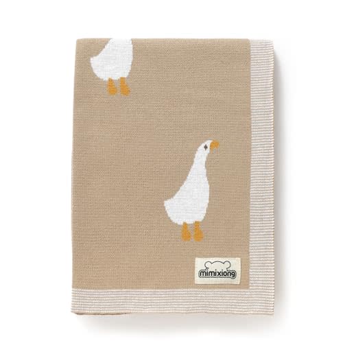 mimixiong Baby Blanket Knit Receiving Boys Girls Blanket Soft Cotton Neutral Blanke for Swaddle Crib Stroller with Cute Goose Beige 30x40 Inch