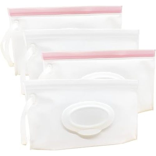Portable Refillable Wet Wipe Pouch, Reusable Travel Wipes Holder & Case, Lightweight Flushable Diaper Wipes Container for Baby (4 Pack, Milk White)