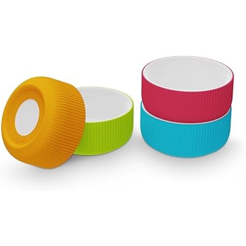 Jayour Kids Porcelain Bowls with Anti-Slip Silicone Sleeves | Microwave & Dishwasher Safe | Premium Toddler Bowls for Hassle-Free Eating | Perfect for Toddlers & Kids of All Ages - Set of 4 Bowls