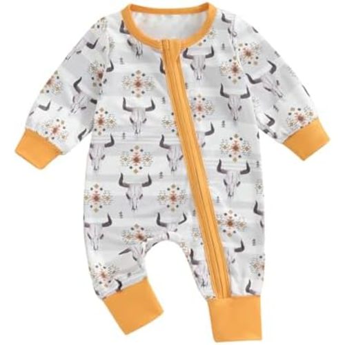 Western Baby Girl Boy Clothes Long Sleeve Cow Print Zipper Jumpsuit Romper Bodysuit One Piece Fall Winter Outfit