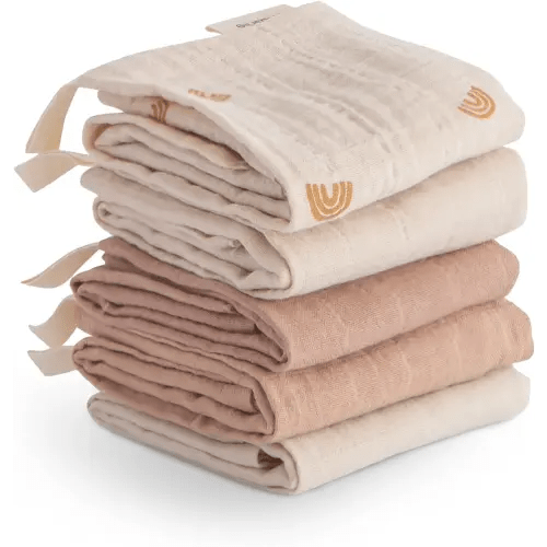 mushie Muslin Organic Cotton Washcloths 5-Pack (Rainbow Combo) | Soft Wipes for Baby Cleanups and Bathing