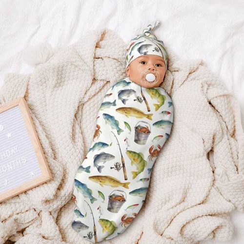 Vintage Bass Fishes Fishing Baby Swaddle Blanket with Headband and Beanie Set, Soft Newborn Swaddle Sacks Outfit Infant Shower Gift for Boys Girls