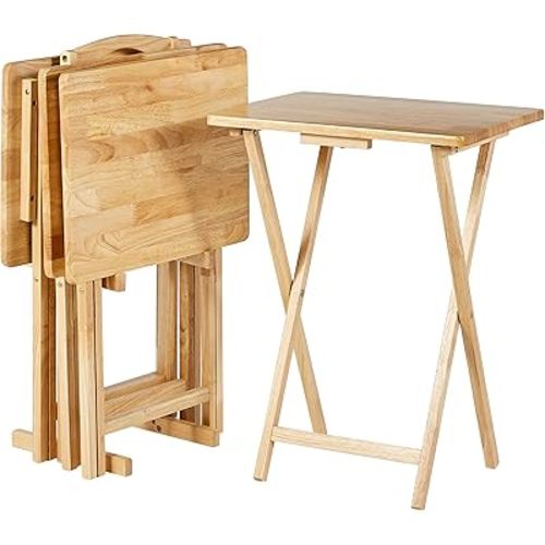 Amazon Basics Portable TV Dinner 4-Pack Rectangular Folding Tray Table with Storage Rack, Natural, 15"D x 19"W x 26"H