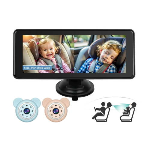 Baby Car Camera for 2 Kids - 6.9-Inch Monitor Easy Setup 360° Rotatable Double HD 1080P Clear Night Vision Car Seat Camera Rear Facing for Twins or Siblings, Safety & Convenience
