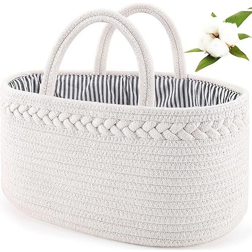 ABenkle Diaper Caddy Organizer, Cotton Rope Nursery Baby Basket, Changing Table Organizer for Baby Diaper Storage, Diaper Nursery Storage Bin for Baby Stuff, Baby Shower Gifts