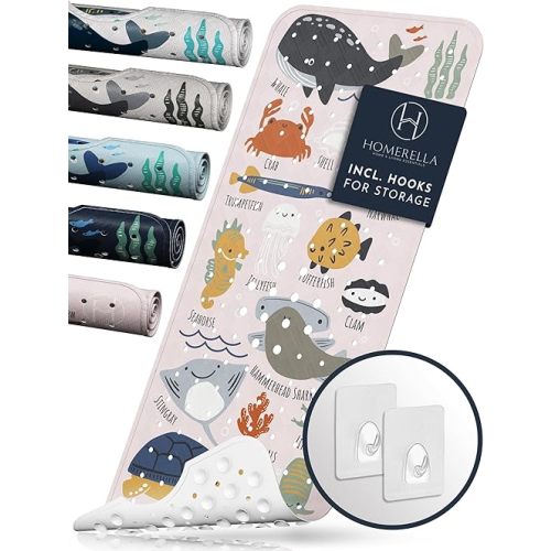 Homerella Baby Bath Tub Mat | Anti Mold Mildew Resistant Non Slip Kids and Adult Bath Tub Shower Mats | 40x16 inch Long with Suction Cups for Secure Grip Hooks for Storage & Drying | Machine Washable