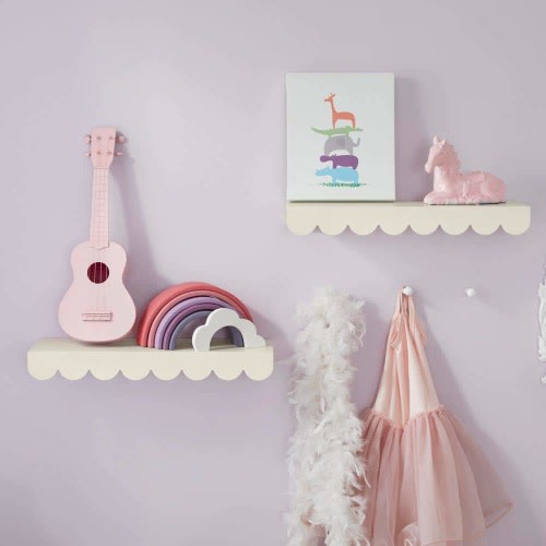 Scalloped White Wood Floating Wall Shelves (Set of 2)