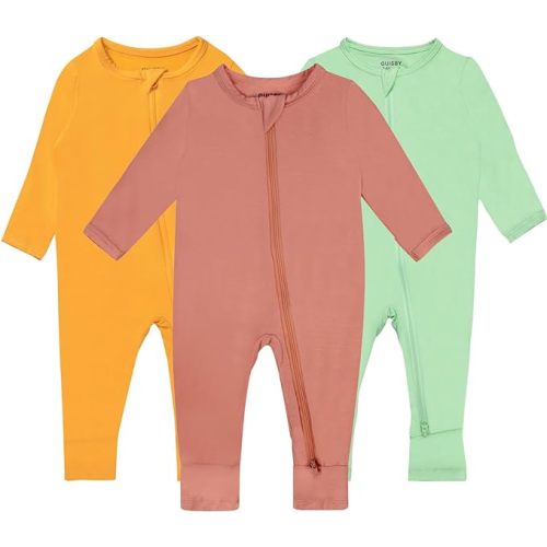 GUISBY Baby Pajamas with Mitten Cuffs - 3Pcs Girls Boys 2 Way Zipper Long Sleeve Rayon Sleepers - Tangerine-orange-sage - 0-3 Months