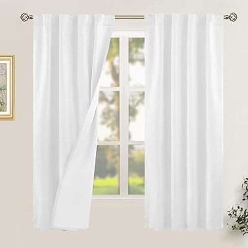 LAMIT White 100% Blackout Linen Curtains, 63 Inches Linen Textured Thermal Bedroom Curtains Back Tab and Rod Pocket Neutral Panels with White Liner for Short Windows, 2 Panels, 38 x 63 Inch