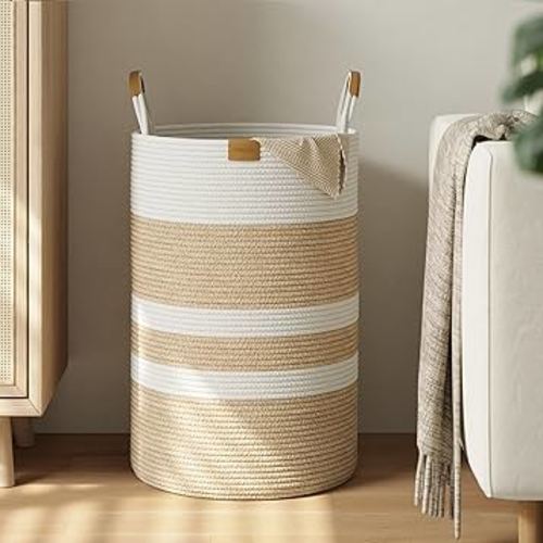 75L Striped Laundry Hamper with Leather Handles,Large Foldable Laundry Basket for Clothes,Cotton Rope Storage Bin for Blankets,Woven Clothes Basket for Bedroom,Beige Stripes