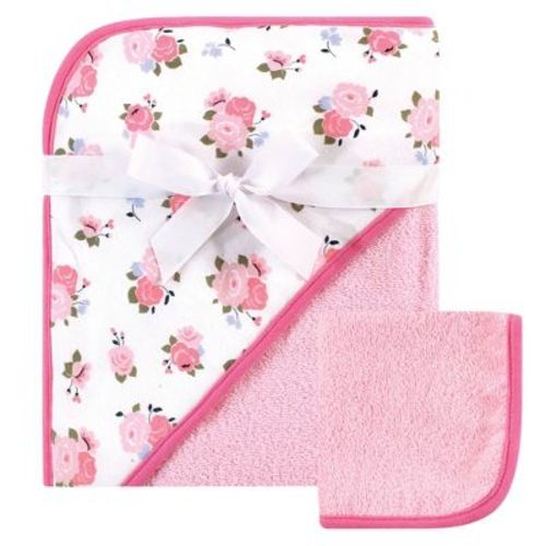 Luvable Friends Infant Girl Cotton Hooded Towel and Washcloth, Floral