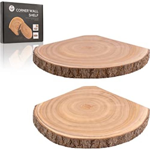Corner Wall Shelf,Corner Floating Shelves Set of 2, Wood Slices with Bark Decorations Style,Wall Mount Storage Display for Bathroom,Kitchen,Living room decor,Bedroom,Office,Plant