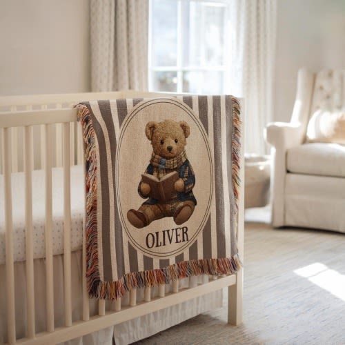 Personalized Baby Blanket, Vintage Teddy Bear, Striped Woven Cotton Throw