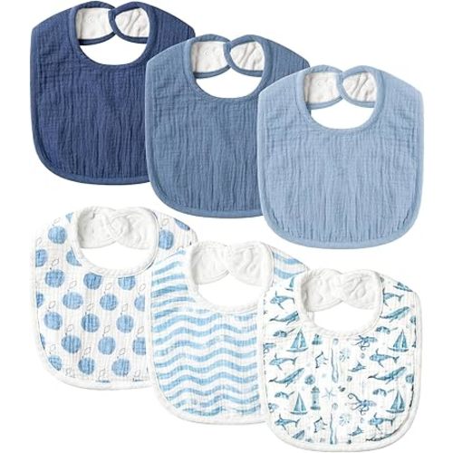 POIKSHARK 6-Pack Muslin Baby Bibs for Unisex Boys Girls, Cotton Baby Drool Bibs, Drooling and Teething Bibs for Infant