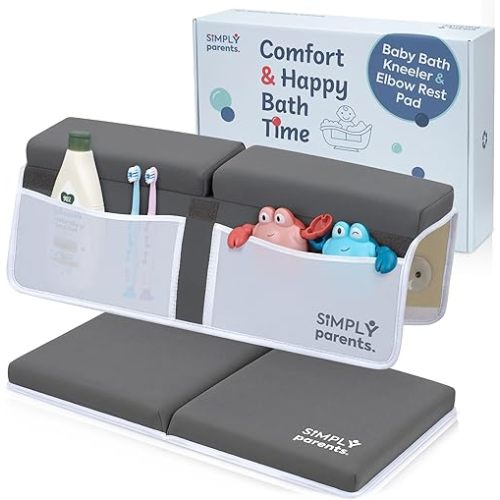 Baby Bath Kneeler and Elbow Rest Pad Set - Quick-Dry, Non-Slip Kneeling Pad for Bathing Toddler, Toy Organizer Pockets, Gift Box, Accessories for Tub, Gray