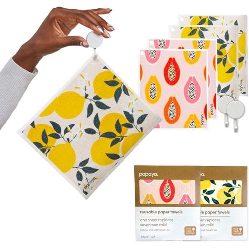 Papaya Reusable Paper Towels 4-Pack - 4 Sheets + 2 Hooks, Quick Drying, No Odor, 1 Sheet Replaces 17 Rolls, Washable Kitchen Cloth, Sustainable Dish Sponge, Eco Friendly Gift (Fruit Salad)
