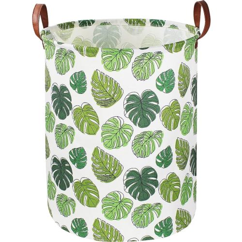 Round Green Laundry Hamper, Jungle Themed Nursery Decor, Tropical Pattern Basket, Monstera Room Decor,Waterproof Storage Bin, Gift Basket(Leaf)