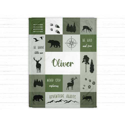 Personalized Baby Boy Name Blanket - Woodland Theme Baby Blanket | Custom Newborn Baby Shower Gift for Boys, Minky Blanket for Kids Toddlers