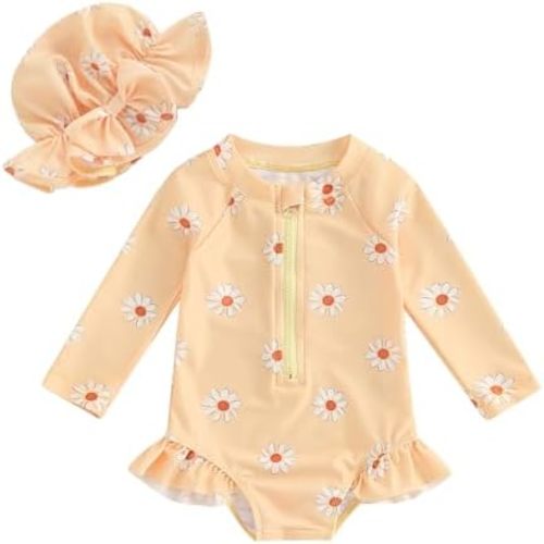 MERSARIPHY Baby Girl One-Piece Swimsuit Rash Guard Toddler Infant Zipper Long Sleeve Swimwear+Hat Bathing Suit Swimwear