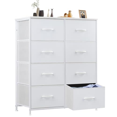 Sweetcrispy Dresser for Bedroom, Chest Organizer Unit with 8 Fabric Bins, Fabric Storage Tower, Drawer Organizer with Steel Frame, Wooden Top for Nursery, Living Room, Closet