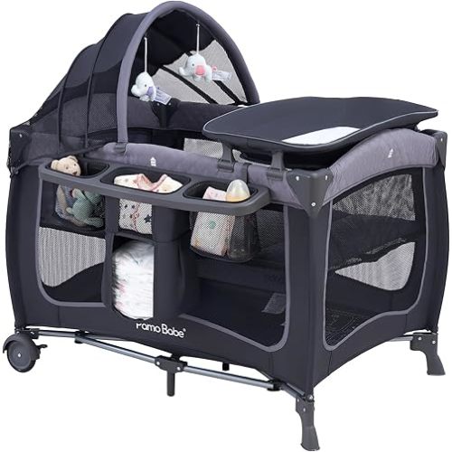 Pamo Babe Baby Playard with Canopy, Portable Crib with Changing Table