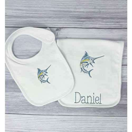 Custom boys fish bib,fish nursery decor, blue marlin baby, fish baby gift, fish baby bib, blue marlin boy,fish nursery, embroidered baby bib